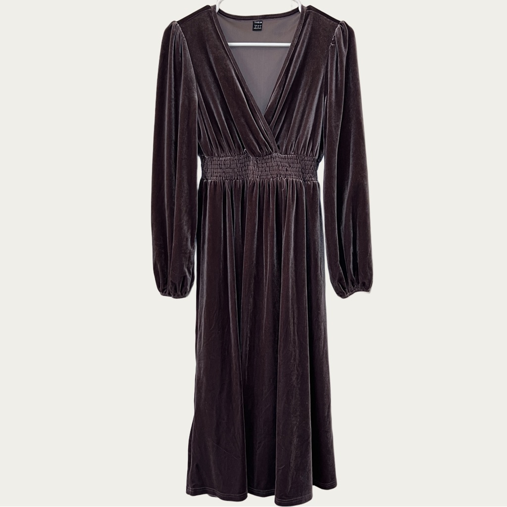 Shein Deep Brown Velvet Long Sleeve Women’s Xs Dress Empire Waist V Neck